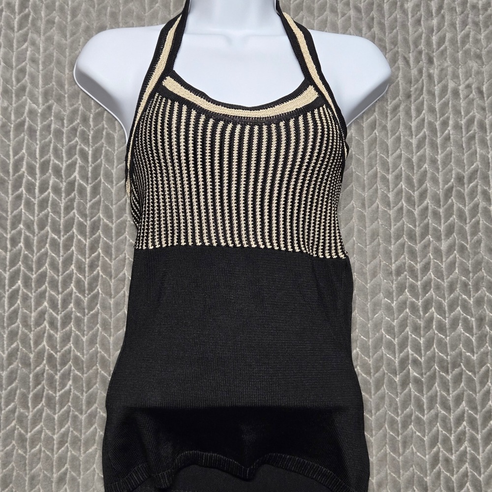 White House Black Market Womens XS Halter Knit Striped Top Black Cream RN111459